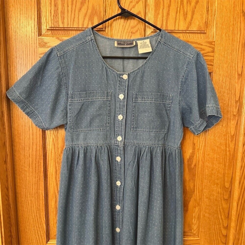 Erika Classics Denim Shirt Dress Womens M Blue Midi Button Front Pockets - Picture 2 of 5